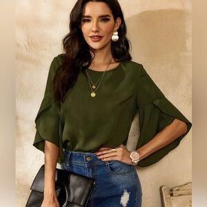 Women's Olive Green Ruffle Sleeve Top XL